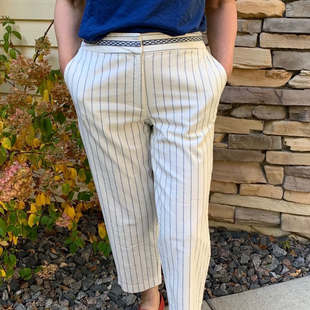 Talbots white/narrow blue stripes capris, size 6